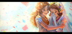 2girls ag+_(atelieriji) anju_(zelda) cremia dress flower gloves hair_flower hair_ornament multiple_girls nintendo pointy_ears smile tears the_legend_of_zelda the_legend_of_zelda:_majora&#039;s_mask veil wedding_dress white_dress white_gloves