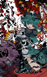 1girl :p absurdres black_ribbon blue_eyes blue_hair blue_skirt blue_vest blush closed_mouth heterochromia highres holding holding_umbrella juliet_sleeves karakasa_obake long_sleeves looking_at_viewer neruzou oil-paper_umbrella paper_chain puffy_sleeves red_eyes revision ribbon shirt short_hair skirt solo tatara_kogasa tongue tongue_out touhou umbrella vest white_shirt
