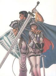 1990s_(style) 1boy 1girl armor berserk boots cape casca_(berserk) gloves guts_(berserk) helmet lowres miura_kentarou shield sword thigh_boots thighhighs weapon