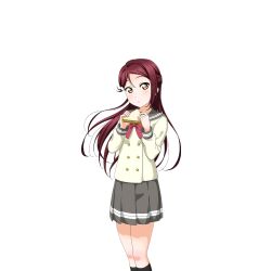 Rule 34 | 1girl, anime coloring, black socks, blush, bow, bowtie, buttons, double-breasted, feet out of frame, food, grey sailor collar, grey skirt, hair ornament, hairclip, half updo, hands up, holding, holding food, holding sandwich, long hair, long sleeves, looking at viewer, love live!, love live! school idol festival, love live! sunshine!!, official art, open mouth, parted lips, pleated skirt, raised eyebrows, red bow, red bowtie, red hair, sailor collar, sakurauchi riko, sandwich, school uniform, serafuku, shirt, skirt, socks, solo, standing, transparent background, uranohoshi school uniform, white shirt, winter uniform, yellow eyes