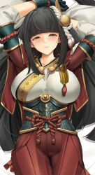 1girl arm_behind_head armor bead_necklace beads black_gloves black_hair breasts closed_mouth commentary commission dakimakura_(medium) english_commentary gloves hair_ornament hinoa japanese_clothes jewelry large_breasts looking_at_viewer lying monster_hunter_(series) monster_hunter_rise necklace on_back pointy_ears rope solo tony_guisado