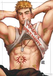 1boy abs armpit_hair armpits artist_request bara blonde_hair bulge clothes_in_mouth come_hither commission cowboy_shot erection erection_under_clothes facial_hair goatee gyee happy_birthday highres looking_at_viewer male_focus mouth_hold muscular muscular_male navel navel_hair nipples notice_lines original pectorals romg scar scar_across_eye scar_on_face second-party_source seductive_smile shirt_in_mouth short_hair short_shorts shorts sidepec smile solo stomach tank_top thick_eyebrows undercut underpec white_tank_top