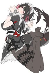 1girl absurdres ass black_hair black_pantyhose breasts candy colored_inner_hair ellen_joe feet fins fish_tail food from_behind hair_between_eyes highres large_breasts lollipop looking_at_viewer looking_back maid maid_headdress mole mole_under_eye multicolored_hair no_shoes nompang open_mouth pantyhose red_eyes red_hair revision shark_tail sharp_teeth short_hair sideboob sidelocks simple_background soles solo tail teeth toenails toes two-tone_hair white_background zenless_zone_zero