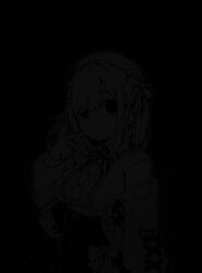 Rule 34 | 1girl, :3, beret, black background, bow, breasts, brown hair, cardigan, center frills, closed mouth, collared shirt, darkness, finger to mouth, frilled shirt, frills, hair bow, hair ornament, hairclip, hat, hatyuuruinohito, highres, long sleeves, medium hair, monochrome, nijisanji, open cardigan, open clothes, ribbon, shirt, skirt, smile, solo, suzuhara lulu, suzuhara lulu (1st costume), virtual youtuber, wide-eyed
