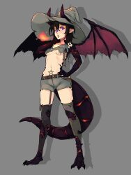Rule 34 | 1girl, absurdres, black hair, breasts, breath weapon, breathing fire, commission, dragon girl, dragon horns, dragon tail, face piercing, fire, garter straps, grey background, grey hat, hat, highres, horns, lip piercing, medium hair, original, piercing, pointy ears, purple eyes, shadow, short shorts, shorts, simple background, single garter strap, small breasts, tail, thighhighs, todding, torn clothes, torn thighhighs, witch hat