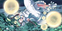 1girl alternate_costume antennae bellflower black_gloves blue_eyes boots bubble cape crown dress earmuffs floating flower fur-trimmed_boots fur_trim game_cg gloves gold_crown green_hair highres holding holding_flower medium_hair official_art open_mouth outdoors short_sleeves smile solo suichuu_hanabi third-party_source touhou touhou_lostword upside-down white_boots white_cape white_dress white_flower wriggle_nightbug