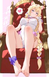 1girl absurdres animal_ears barefoot blonde_hair blue_eyes blush braid feet highres indie_virtual_youtuber leotard light_smile long_hair looking_at_viewer single_braid sitting sopralto throne toes uroichi
