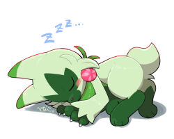 1other animal_ears animal_hands blush_stickers cat_ears closed_eyes commentary floragato green_fur hinako_iroiro lying nintendo no_humans on_stomach pokemon pokemon_(creature) shadow signature sleeping solo symbol-only_commentary tagme twitter_username white_background zzz