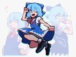 Rule 34 | 1girl, blue bow, blue dress, blue eyes, blue hair, bow, bright pupils, cirno, cirno day, clenched hand, collared shirt, dress, fairy wings, from behind, furrowed brow, hair bow, hand up, hands on own hips, highres, ice, ice wings, iganashi1, jumping, looking at viewer, looking back, multiple views, musical note, neck ribbon, open mouth, pinafore dress, puffy short sleeves, puffy sleeves, red ribbon, ribbon, shirt, shoes, short dress, short hair, short sleeves, simple background, sleeveless, sleeveless dress, smile, socks, sparkle, spoken musical note, teeth, tongue, touhou, white background, white pupils, white shirt, wings