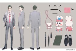 1boy asymmetrical_bangs black_hair black_shoes book breast_pocket closed_mouth collared_shirt commentary_request company_name copyright_notice facing_away formal_clothes frown glasses grey_background grey_eyes grey_jacket grey_pants grey_suit hand_in_pocket itsuki_sakyo jacket kazuki_yone lapels long_sleeves looking_at_viewer male_focus multiple_views necktie nijisanji official_art open_clothes open_jacket pants parted_bangs pen pink_necktie pinstripe_jacket pinstripe_pants pinstripe_pattern pinstripe_suit pocket profile reference_sheet second-party_source semi-rimless_eyewear shirt shirt_tucked_in shoes short_hair stuffed_animal stuffed_rabbit stuffed_toy suit suspenders under-rim_eyewear virtual_youtuber watermark white_shirt wing_collar