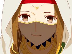1girl brown_eyes brown_hair earrings fate/grand_order fate_(series) female_focus head highres hoop_earrings jewelry looking_at_viewer maou_(ajtdmw369) mouth_veil necklace portrait red_headwear siduri_(fate) smile solo upper_body veil white_hood