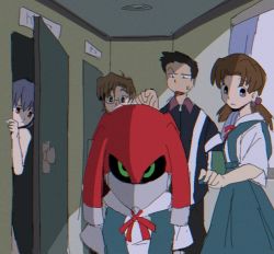 2boys 2girls aida_kensuke ayanami_rei bendedede black_hair brown_hair dress glasses green_eyes hiding horaki_hikari metal_knuckles multiple_boys multiple_girls neon_genesis_evangelion nervous nude robot school_uniform sega sonic_(series) sonic_r sonic_the_hedgehog_(classic) suzuhara_touji tokyo-3_middle_school_uniform track_suit what