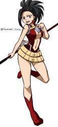 1girl artist_name bare_shoulders black_hair bodysuit boku_no_hero_academia boots breasts cleavage collared_bodysuit commentary_request full_body hair_pulled_back hand_up holding holding_staff leg_up medium_breasts navel no_bra ponytail red_bodysuit red_boots short_ponytail simple_background skirt sleeveless sleeveless_bodysuit solo staff standing standing_on_one_leg stomach twitter_username white_background yaoyorozu_momo yellow_skirt yumemi_coco