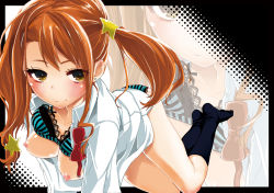 10s 1girl anjou_naruko ano_hi_mita_hana_no_namae_wo_bokutachi_wa_mada_shiranai. ask02 black_socks blush bra bra_lift breasts brown_eyes brown_hair female_focus hair_ornament jewelry kneehighs lingerie long_hair nipples open_clothes panties shiny_skin socks solo striped_bra striped_clothes striped_panties twintails underwear zoom_layer
