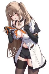 1girl 3_small_spiders black_choker black_gloves black_shorts black_thighhighs blush breasts brown_eyes brown_hair choker cleavage collarbone commentary_request elbow_gloves girls&#039;_frontline girls&#039;_frontline_2:_exilium gloves highres jacket k2_(girls&#039;_frontline) looking_at_viewer navel one_side_up open_mouth partially_fingerless_gloves short-sleeved_sweater short_sleeves shorts simple_background solo sweat sweater thighhighs white_background white_jacket yoohee_(girls&#039;_frontline_2)