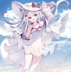 1girl animal_ears bare_shoulders beach blue_sky blush breasts cloud collarbone dress fox_ears hair_ornament hat highres jacket long_hair long_sleeves looking_at_viewer ocean open_clothes open_jacket open_mouth original outdoors red_eyes see-through_clothes see-through_jacket sky small_breasts smile solo sun_hat tenmu_shinryuusai water white_dress white_hair