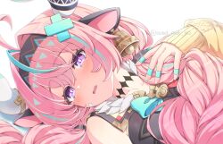 Rule 34 | 1girl, ahoge, animal ears, aqua bow, aqua hair, aqua hairband, bandaid, bandaid on cheek, bandaid on face, bell, bell earrings, black hairband, blush, bow, braid, breasts, cow ears, cow girl, cow horns, detached sleeves, earrings, fingernails, genshin impact, hair intakes, hairband, highres, horns, jewelry, large breasts, long hair, long sleeves, lying, multicolored hair, multicolored hairband, on back, open mouth, pink hair, pink hairband, purple eyes, red bow, ribbed sleeves, single earring, sleeves past wrists, solo, streaked hair, sweet miuk tea, twin braids, twintails, two-tone hair, varesa (genshin impact), white background, white horns, yellow sleeves