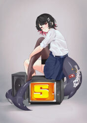 Rule 34 | 1girl, absurdres, black hair, black skirt, colored inner hair, commentary, crying, ellen joe, ellen joe (on campus), fins, fish tail, full body, grey background, highres, looking at viewer, meisaki, mole, mole under eye, multicolored hair, no shoes, official alternate costume, pleated skirt, razor blade hair ornament, red eyes, red hair, scar, scar on tail, see-through clothes, see-through legwear, shark girl, shark tail, shirt, short hair, simple background, single thighhigh, sitting, skirt, solo, tail, thighhighs, thighs, white shirt, zenless zone zero