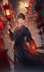 Rule 34 | 1boy, aerial fireworks, artist request, black hanfu, bow, brown eyes, brown hair, chi xiaolong, chinese clothes, closed mouth, copyright name, cowboy shot, dated, embers, festival, fireworks, floating clothes, game cg, hanfu, highres, holding, holding lantern, lantern, light particles, light smile, lips, logo, looking at viewer, loose hair strand, male focus, night, night sky, nikki (series), official art, outdoors, paper lantern, red bow, shining nikki, short hair, sky, solo, sparkle, standing, tassel, waist bow, wind