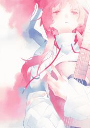 1girl acoustic_guitar chinese_commentary commentary_request expressionless fagun_yibei guitar hair_over_shoulder half-closed_eyes highres holding holding_guitar holding_instrument hood hood_up hooded_jacket hugging_object instrument jacket kaf_(kamitsubaki_studio) kamitsubaki_studio long_hair long_sleeves looking_ahead low_twintails no_sclera parted_lips pink_background pink_eyes pink_hair solo twintails two-tone_background upper_body virtual_youtuber watercolor_background white_background white_jacket