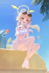 1girl absurdres bikini blonde_hair blue_archive breasts can commentary drink_can eyewear_on_head feet full_body halo hifumi_(blue_archive) hifumi_(swimsuit)_(blue_archive) highres legs navel official_alternate_costume ojisan_kamo_shiremasen open_mouth outdoors peroro_(blue_archive) ribbon-trimmed_bikini ribbon_trim round_eyewear sandals sitting small_breasts smile soda_can solo sunglasses swimsuit teeth toes trinity_general_school_logo upper_teeth_only white_bikini yellow_eyes yellow_halo