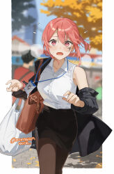 1boy 1girl bag black_jacket black_skirt blurry blurry_background blush border breasts brown_bag brown_pantyhose character_request collared_shirt commentary commission copyright_request english_commentary ericx_gasi facial_tattoo flying_sweatdrops furrowed_brow hair_between_eyes highres id_card jacket lanyard long_sleeves looking_at_viewer medium_breasts miniskirt office_lady open_mouth outdoors outside_border pantyhose pavement pencil_skirt plastic_bag ponytail red_eyes red_hair shirt single_bare_shoulder skirt sleeveless sleeveless_shirt sweat tattoo tree twitter_username upper_body walking watch white_border white_shirt wristwatch