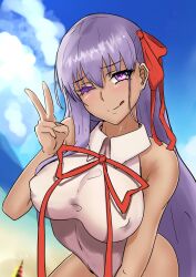 1girl absurdres bare_shoulders bb_(fate) bb_(swimsuit_mooncancer)_(fate) bb_(swimsuit_mooncancer)_(third_ascension)_(fate) blue_sky blush breasts covered_erect_nipples dark-skinned_female dark_skin fate/grand_order fate_(series) hair_ribbon highleg highleg_leotard highres large_breasts leotard licking_lips long_hair looking_at_viewer neck_ribbon one_eye_closed purple_eyes purple_hair red_ribbon ribbon s4ika sky smile solo tan tongue tongue_out very_long_hair white_leotard