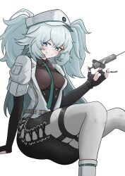1girl aktmvltm arm_behind_back black_gloves black_skirt blue_eyes blue_hair blush breasts cross-laced_clothes cross-laced_skirt fingerless_gloves florence_(girls&#039;_frontline_2) from_below girls&#039;_frontline girls&#039;_frontline_2:_exilium gloves grin hair_between_eyes hand_up hat heart heart-shaped_pupils highres holding holding_syringe jacket long_hair looking_at_viewer looking_down medium_breasts miniskirt pa-15_(girls&#039;_frontline) sitting skirt smile solo symbol-shaped_pupils syringe thighs very_long_hair white_jacket