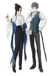 ! 1boy 1girl black_hair black_pants black_shoes blue_sash cane collared_shirt colored_inner_hair fate/grand_order fate_(series) frilled_shirt frilled_sleeves frills full_body green_vest grey_hair hair_bun hair_over_one_eye highres holding holding_cane holding_notepad holding_pen light_blush long_hair long_sleeves looking_at_object multicolored_hair notepad pants pen puffy_sleeves sash shirt shoes short_hair snorc21 vest white_shirt