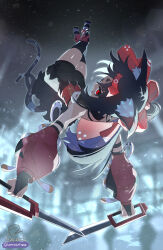 1girl absurdres animal_ear_fluff animal_ears barcode bare_shoulders black_hair black_shorts black_thighhighs bridal_gauntlets cat_ears cat_girl cat_tail dark-skinned_female dark_skin detached_sleeves dual_wielding facial_mark forehead_mark from_behind highres holding holding_sword holding_weapon looking_at_viewer multiple_tails nekomiya_mana parted_bangs ponytail puffy_detached_sleeves puffy_sleeves red_eyes short_shorts shorts solo sword tail thighhighs two_tails upside-down weapon zenless_zone_zero zeroartwo