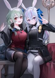 2girls :d absurdres animal_ears artist_request ascot belt belt_pouch black_hoodie black_jacket black_shirt black_skirt black_thighhighs blue_bow bow braid character_request closed_mouth commission couch cropped_jacket fake_animal_ears feet_out_of_frame green_hair grey_hair hair_between_eyes hair_bow hairband hand_up highres hood hoodie huanxiang_koudai_meow jacket long_hair long_sleeves looking_at_viewer lucca_project multicolored_hair multiple_girls open_clothes open_mouth pants pink_hair pouch purple_eyes rabbit_ears red_eyes red_hoodie second-party_source shirt sitting skirt smile streaked_hair teeth thighhighs two-tone_hoodie upper_teeth_only v v_over_eye waving white_hair white_pants