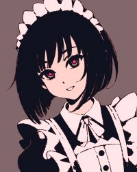 1girl alternate_costume apron black_dress black_hair blunt_bangs blunt_ends bob_cut bow bowtie bright_pupils brown_background close-up commentary dress enmaided eyelashes frilled_apron frilled_hairband frills hairband head_tilt high_contrast looking_at_viewer maid maid_apron maid_headdress moshimoshibe osanai_yuki pink_eyes portrait ringed_eyes romaji_commentary short_hair shoushimin_series solo white_apron white_bow white_bowtie white_hairband