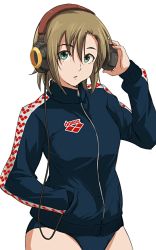 Rule 34 | 10s, 1girl, 71 (nanaichi drafting), arena (company), brand name imitation, brown hair, female focus, green eyes, hand in pocket, headphones, idolmaster, idolmaster cinderella girls, jacket, product placement, pun, short hair, simple background, solo, tada riina, track jacket
