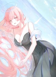 Rule 34 | 1girl, :d, arknights, arm behind back, bare arms, bare shoulders, black dress, blush, breasts, cleavage, collarbone, commentary, day, detached wings, dress, grey halo, halo, highres, horizon, large breasts, lemuen (arknights), long dress, long hair, looking at viewer, lying, ocean, on side, open mouth, outdoors, pink eyes, pink hair, pleated dress, rei yagami, smile, solo, spaghetti strap, traditional halo, very long hair, water, wings