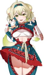 1boy 1girl absurdres ahoge animal animal_ears animal_on_shoulder armor bandaged_arm bandaged_chest bandages bob_cut felyne ferret ferret_ears ferret_girl ferret_tail fishnet_sleeves fishnets gradient_fur gradient_hair gradient_tail green_eyes green_fur green_hair green_nails green_tail hair_between_eyes hairband heart highres hood hood_down indie_virtual_youtuber jewelry laimu_(vtuber) laimu_(vtuber)_(huntress) limon_(laimu) looking_at_viewer midriff midriff_peek monster_hunter_(series) multicolored_fur multicolored_hair multicolored_tail nargacuga_(armor) necklace pink_nails scale_armor short_hair skirt tail thigh_gap thighhighs tooth_necklace tunic two-tone_fur two-tone_hair two-tone_tail upskirt uwu vinesauce virtual_youtuber white_fur white_hair white_tail zen_(artist) zettai_ryouiki