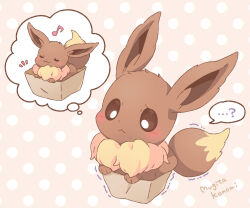 Rule 34 | ..., :3, ?, artist name, blush, box, brown eyes, closed eyes, closed mouth, commentary request, eevee, gen 1 pokemon, in box, in container, mugita konomi, musical note, nintendo, no humans, pokemon, pokemon (creature), polka dot, polka dot background, spoken ellipsis, spoken question mark, trembling, yellow background
