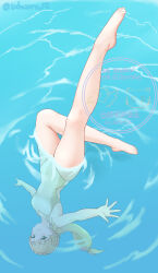 1girl bad_tag blonde_hair breasts covered_navel dancing fire_emblem fire_emblem_heroes green_eyes highres holding_breath leg_focus legs_up long_hair medium_breasts nintendo one-piece_swimsuit partially_submerged ponytail pool ripples sharena_(fire_emblem) solo swimsuit synchronized_swimming takaneko upside-down water watermark white_one-piece_swimsuit