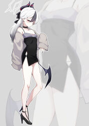 1girl absurdres black_choker black_dress black_hair black_horns black_nails black_shoes black_wings blue_archive breasts bright_pupils choker dress grey_halo grey_jacket halo heel_up high_heels highres horns jacket kayoko_(blue_archive) kayoko_(dress)_(blue_archive) long_hair looking_at_viewer multicolored_hair outline red_eyes shoes single_wing sleeveless sleeveless_dress small_breasts so-ko standing two-tone_hair white_hair white_outline white_pupils wings
