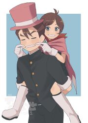 1boy 1girl ace_attorney apollo_justice apollo_justice:_ace_attorney black_dress black_jacket black_pants blush_stickers boots cape carrying cheek_pull clenched_teeth closed_eyes dress forked_eyebrows gakuran gloves green_eyes hat highres jacket nanase_(trfok1) pants piggyback red_cape red_hat red_scarf scarf school_uniform smile sweat teeth trucy_wright white_boots white_gloves