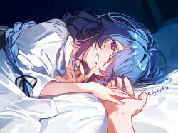 1girl 1other artist_name bed bedroom blue_eyes blue_hair braid commentary english_commentary hair_over_one_eye hair_ribbon half-closed_eyes hand_up heart heart-shaped_pupils holding_hands indoors long_hair looking_at_viewer lying mushoku_tensei on_bed pajamas parted_lips pov purple_eyes ribbon roxy_migurdia smile sydus symbol-shaped_pupils twin_braids twitter_username under_covers upper_body very_long_hair white_pajamas