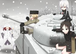 4girls :p absurdres black_eyes black_hair blonde_hair blue_eyes boots breasts caterpillar_tracks coat cup day earmuffs earphones food fork gloves hat highres long_hair m4_sherman military military_vehicle motor_vehicle multiple_girls necktie open_mouth original red_eyes red_hair scarf sherman_firefly short_hair small_breasts snow snowing steam tank tank_shell tongue tongue_out tree white_hair zafuri_(yzrnegy)