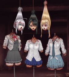 3girls alisa_mikhailovna_kujou amputee bad_end black_hair blonde_hair blood blood_on_clothes blood_on_face blue_eyes bow crying crying_with_eyes_open dark-skinned_female dark_skin death decapitation dismemberment dungeon guro hair_ornament hair_ribbon hairclip ijiranaide_nagatoro-san kitagawa_marin long_hair multiple_girls nagatoro_hayase necktie open_mouth orange_eyes pink_eyes red_bow ribbon school_uniform severed_head sidelocks skewer skirt sono_bisque_doll_wa_koi_wo_suru suspension tears tokidoki_bosotto_roshia-go_de_dereru_tonari_no_alya-san tongue white_hair