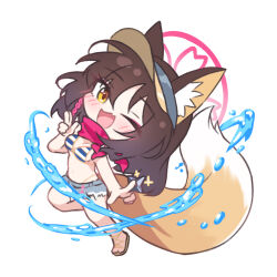 1girl animal_ear_fluff animal_ears bikini blue_archive blue_bikini breasts closed_eyes commentary_request deformed denim denim_shorts fang fox_ears fox_girl fox_tail highres izuna_(blue_archive) izuna_(swimsuit)_(blue_archive) karupa_(karupapon) medium_breasts navel official_alternate_costume open_mouth pink_scarf scarf short_shorts shorts simple_background skin_fang solo striped_bikini striped_clothes swimsuit tail visor_cap white_background yellow_eyes