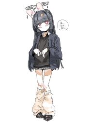 1girl ahoge alternate_costume animal_ear_hairband animal_ears black_hair black_jacket black_shoes black_sweater blazer blue_archive blunt_bangs blush fake_animal_ears full_body furrowed_brow grey_skirt hairband halo hands_up jacket leaf leaf_on_head leebo_(leeboxxx) leg_warmers loafers long_hair long_sleeves looking_at_viewer miniskirt miyu_(blue_archive) nervous pigeon-toed rabbit_ear_hairband rabbit_ears red_eyes school_uniform shoes simple_background skirt solo speech_bubble sweater translation_request white_background