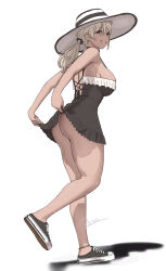 1girl ankle ass back_cutout bare_legs black_dress black_hat black_shoes black_sneakers blonde_hair breasts brown_eyes clothes_lift clothing_cutout colorized dress earrings frill_trim frilled_dress frills full_body gyaru hat jewelry large_breasts large_hat long_hair looking_at_viewer miyamoto_issa no_panties scrunchie seductive_gaze seductive_smile shoes simple_background skirt skirt_lift smile sneakers solo standing strap sun_hat tagme twintails two-tone_hat upskirt white_background white_hat
