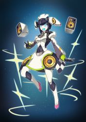 Rule 34 | 1girl, absurdres, blue eyes, commentary, dia (world flipper), english commentary, floating, highres, huge filesize, humanoid robot, looking at viewer, mechanical skirt, metal skin, open mouth, robot, smile, solo, speaker, v, world flipper, yuuyatails