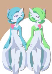 2girls :3 ^_^ absurdres alternate_color alternate_eye_color arms_at_sides black_choker blue_hair blue_skin bob_cut breasts brown_background choker closed_eyes closed_mouth collarbone colored_skin drop_shadow female_focus flat_chest gardevoir gen_3_pokemon green_hair green_skin hair_over_one_eye half-closed_eyes happy highres holding_hands legs legs_together looking_at_viewer mikesi_quan multicolored_skin multiple_girls nintendo no_lineart one_eye_covered palms_together pokemon pokemon_(creature) purple_eyes shiny_and_normal shiny_pokemon short_hair simple_background small_breasts smile standing symmetry thigh_gap two-tone_background two-tone_skin white_skin