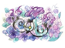 chandelure evolutionary_line flower full_body gen_5_pokemon grape_hyacinth leaf litwick nintendo no_humans non_(kumakawayusu) painting_(medium) pansy pokemon pokemon_(creature) purple_flower purple_pansy simple_background traditional_media watercolor_(medium) white_background yellow_eyes