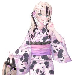 1girl absurdres allymidorikawa bag black_hair black_nails blonde_hair blush braid earrings fang fingernails floral_print floral_print_kimono flower green_eyes hair_flower hair_ornament heart_collar highres holding holding_bag japanese_clothes jewelry kimono kurumi_noah long_hair long_sleeves looking_at_viewer multicolored_hair multicolored_nails nail_polish necklace open_mouth pink_flower pink_kimono pink_lips pink_nails pink_sash print_kimono sash simple_background skin_fang smile solo streaked_hair twintails two-tone_hair two-tone_nails virtual_youtuber vspo! white_background