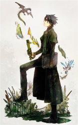 1boy black_footwear black_gloves black_hair black_pants book bug dragon dragonfly glasses gloves insect kunimitsu_(9nimi2) long_sleeves male_focus monster original outdoors ox_(pixiv_fantasia_4) pants pegasus pixiv_fantasia pixiv_fantasia_4 profile solo standing